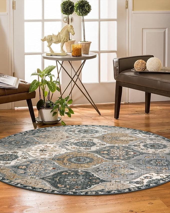 Lahome Moroccan Washable Round Area Rug, Soft Vintage Round Rug 3ft, Distress Circle Carpet for Entryway Bathroom Bedroom, Non Slip Low Pile Stain Resistant Accent Rug Elise, Grey