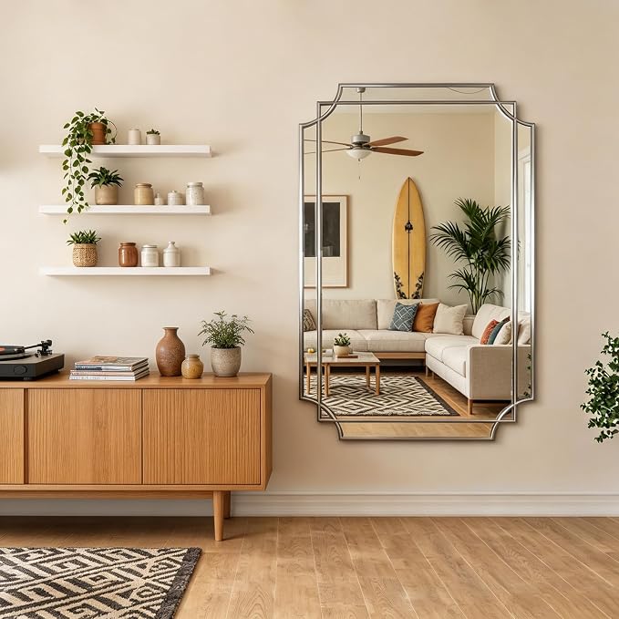 Geometric Beveled Mirror, 48" x 31.6" Silver Art Deco Mirror with Silver Wood Frame, Large Rectangle Accent Wall Mirror for Entryway Bathroom Living Room Bedroom, Horizontal/Vertical Hanging