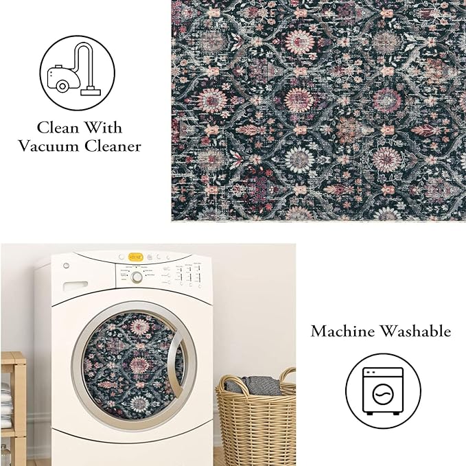 Lahome Moroccan Trellis Round Area Rugs, Washable Small Round Rug 3ft Non-Slip, Soft Vintage Ultra-Thin Circle Carpet for Bedroom Entryway Kitchen Laundry Bathroom Elise, Black/Multi