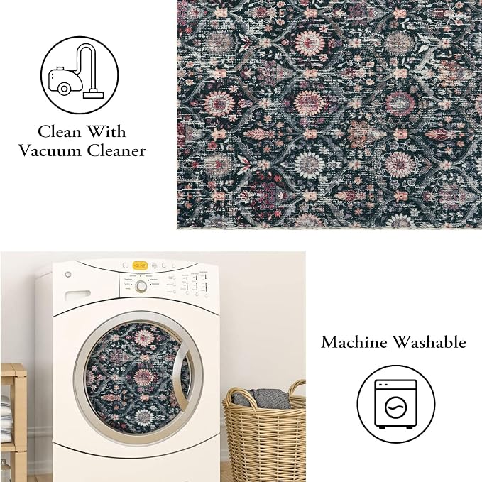 Lahome Moroccan Trellis Washable Round Rugs, Non-Slip Soft Round Rug 4ft Ultra-Thin, Small Vintage Circle Carpet for Entryway Kitchen Bedroom Nursery Bathroom Elise, Black/Multi