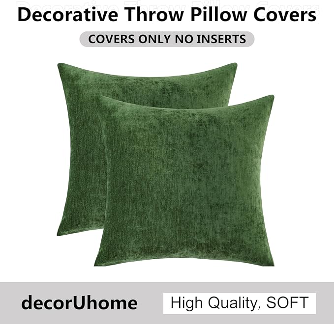 decorUhome Chenille Moss Green Throw Pillow Covers 22x22 Inch Set of 2, Decorative Soft Couch Pillow Covers Solid Dyed Accent Farmhouse Neutral Square Pillow Cases for Sofa