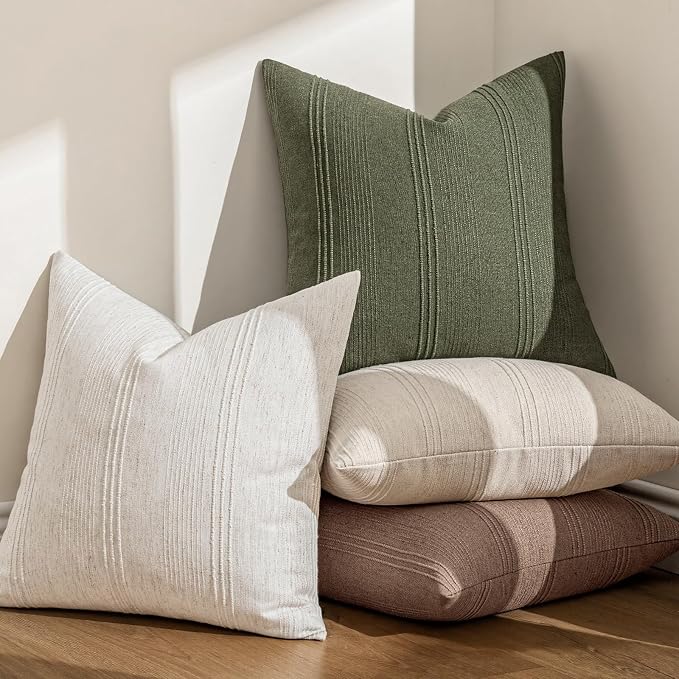 MIULEE Striped Throw Pillow Covers 22x22 Decorative Textured Pillow Covers Pack of 2 Linen Cushion Cases for Couch Bed Sofa Livingroom Farmhouse Home Decor, Olive Green