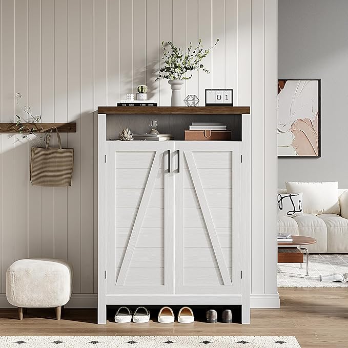 ONBRILL 6-Tier Shoe Cabinet with Doors, Farmhouse Shoe Storage Cabinet with Adjustable Shelves, Large Capacity Wooden Shoe Rack Organizer for Entryway, Closet, Hallway, Living Room, White