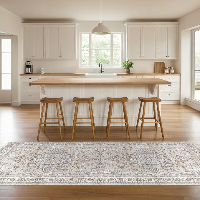 Runner Rug Kitchen Washable Rugs: 2x6 Non-Slip Boho Soft Vintage Stain Resistant Indoor Floor Neutral Farmhouse Throw Carpet for Hallway Bathroom Laundry Room Entryway Bedroom- Ivory Gray