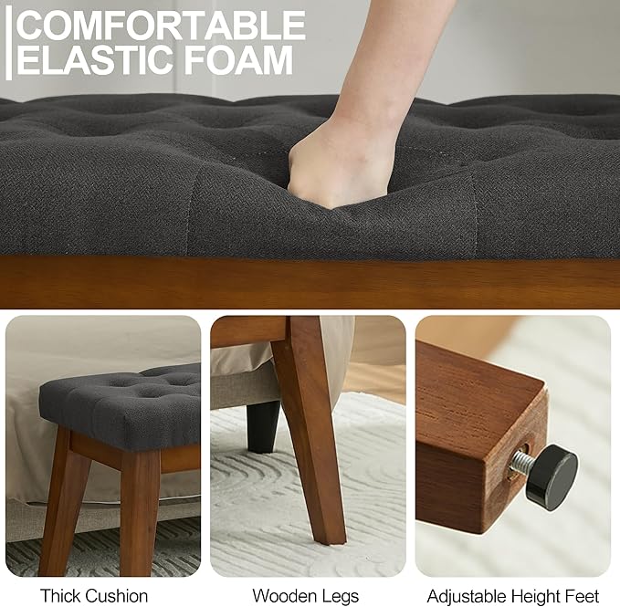 WUTUTUEE 43.5'' Linen Bedroom Bench, Upholstered End of Bed Bench with Tufted Button, Padded Vintage Dining Bench, Entryway Bench with Solid Wood Legs, Kitchen, Living Room, Hallway, Dark Grey Tufted