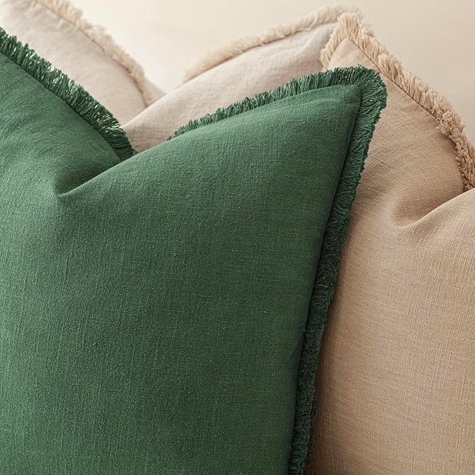 Foindtower Set of 2 Decorative Linen Fringe Throw Pillow Covers Cozy Boho Farmhouse Cushion Cover with Tassels Soft Accent Pillowcase for Couch Sofa Bed Living Room Home Decor, 22×22 Inch, Pine Green