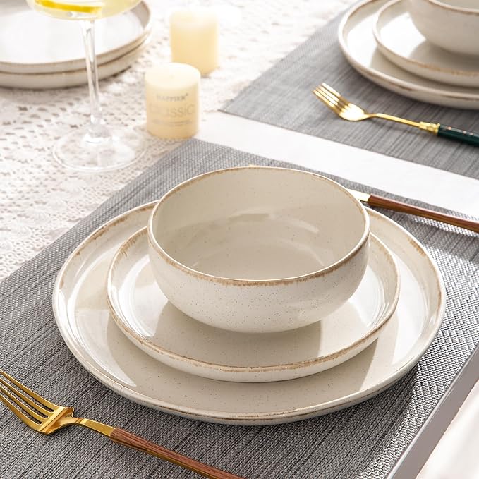 AmorArc Ceramic Dinnerware Sets, Wavy Rim Stoneware Plates and Bowls Sets, Highly Scratch Resistant | Dishwasher & Microwave Dishes set, Service for 4 (12pc)-Speckled Cappuccino)