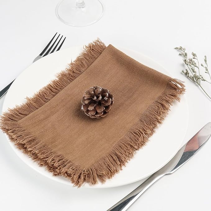 Handmade Cloth Napkins with Fringe,18 x 18 Inches Cotton Linen Napkins Set of 6 Versatile Handmade Square Rustic Fringe Napkins for Dinner, Wedding and Parties, Taupe