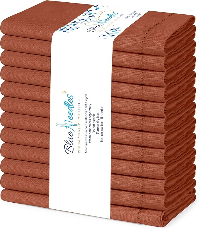 Blue Needles Set of 12 Hemstitch Linen Napkins 100% Cotton Rust Cloth Dinner Napkins 18x18 inches, Soft, Reusable, Absorbent, Washable, Ideal for Spring Summer Easter Events, Parties & Everyday Use