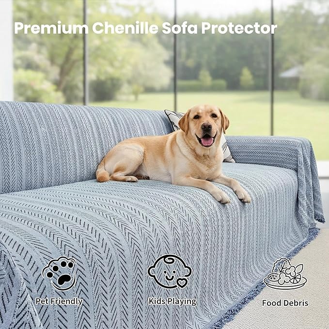 Chenille Couch Cover for Sofa Non Slip Cover Washable Pet Scratch Couch Covers Tassel Sofa Slipcover for 3 Cushion Couch Furniture Protector Blanket for Living Room,Dusty Blue 91"x134"