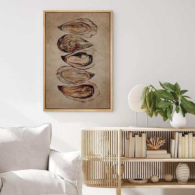 MUDECOR Framed Canvas Print Wall Art Watercolor Oyster Shells Rustic Coastal Illustrations Minimalism Decorative Bohemian Colorful Zen for Living Room, Bedroom, Office - 24"x36" NATURAL