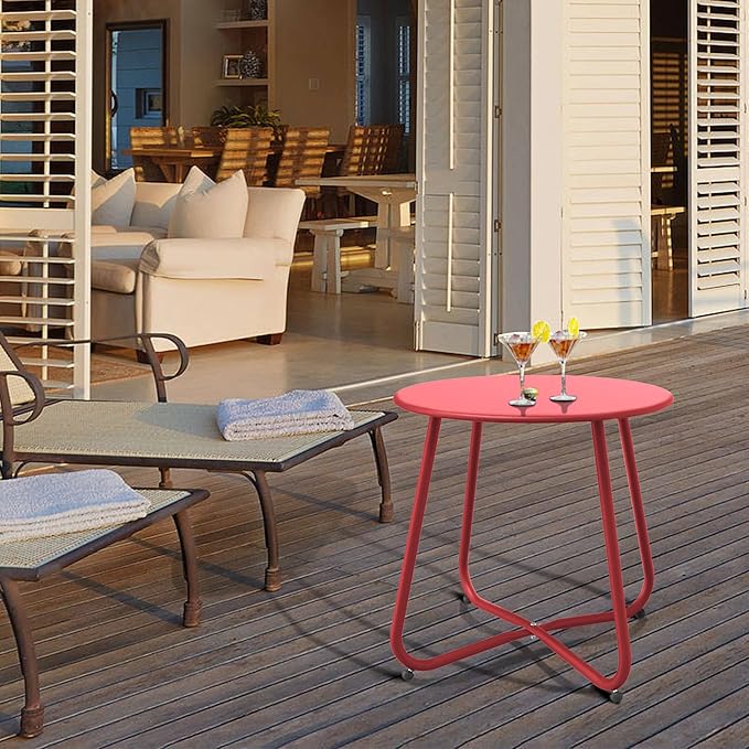 Patio Side Table Waterproof Round Metal Steel Weather Resistant Portable Outdoor and Indoor End Table for Garden Balcony Yard, Dark Red