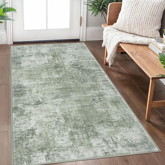 IOHOUZE Abstract Area Rug 3x5 Ft Washable Rugs for Entryway Indoor, Non Slip Kitchen Rug Printed Faux Wool Throw Rugs, Indoor Door Mat for Door Entrance Foyer Living Room, Sage Green