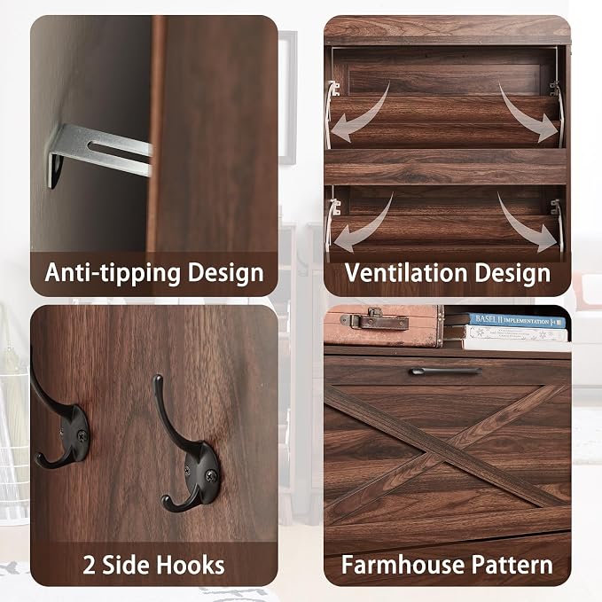 Joaxswe Shoe Cabinet Storage for Entryway with 2 Flip Drawers 2 Hook Open Storage Layer Rack Narrow Organizer Slim Hidden Wood Shoe Cabinet Furniture Walnut