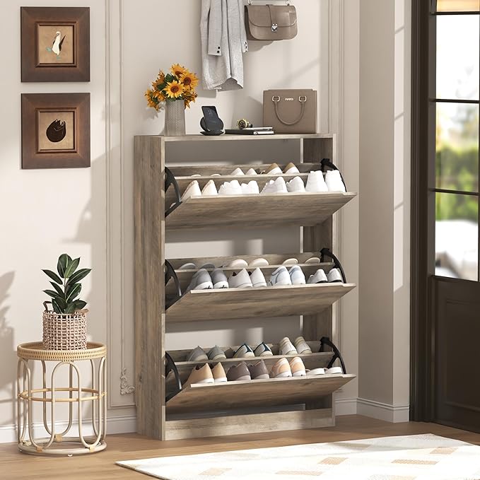 Wodeer Shoe Storage Cabinet with 3 Flip Drawers, Slim Hidden Wood Shoe Cabinet Storage for Entryway, Freestanding Narrow Shoe Rack Organizer with Adjustable Shelves for Foyer, Hallway, Grey