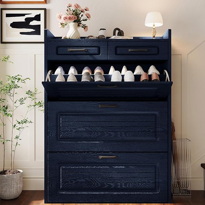 Shoe Cabinet with 3 Large Flip Drawers and 2 Storage Drawers, Narrow Shoe Organizer Cabinet Fits for Kinds of Shoes, Hidden Shoe Storage Cabinet for Entryway, Hallway, Blue