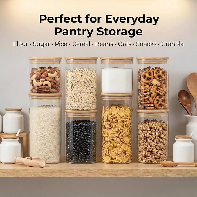 Airtight Glass Storage Containers with Lids 8 Pack, 25/37 /50oz Square Glass Jars with Bamboo Lids, Kitchen Canister Set for Pantry Organization Food Storage for Flour Sugar Rice Pasta Cereal