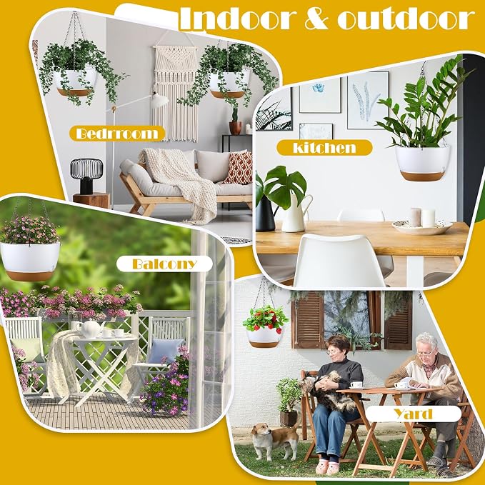 Remerry 6 Pcs 11.2 Inch Hanging Planters Hanging Plant Basket for Indoor Outdoor Plants Set Plastic Hanging Flower Pot with Drainage Holes and Removable Trays for Home Garden (White)