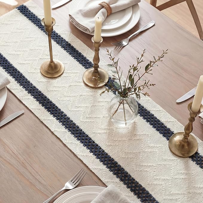Artoid Mode Dark Blue Stripe Woven Table Runner, Seasonal Holiday Hollow Kitchen Dining Table Decoration for Home Party Decor 12x48 Inch