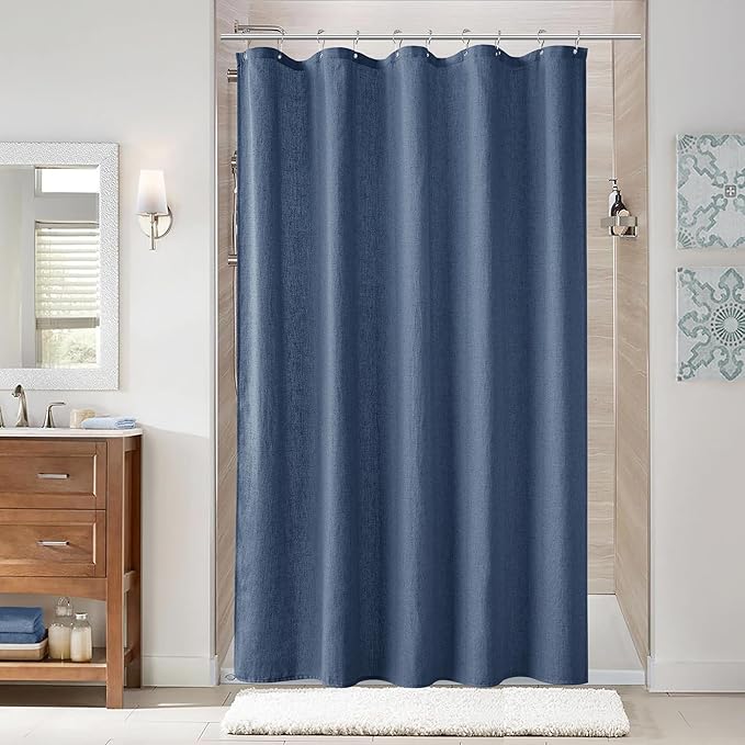 Naturoom Vintage Blue 54 Inch Shower Curtain - Stall Narrow Half Linen Ultra Thick Fabric Shower Curtain Set with Hooks, Boho Farmhouse Rustic RV Camper Bath Curtains for Bathroom, 54x78