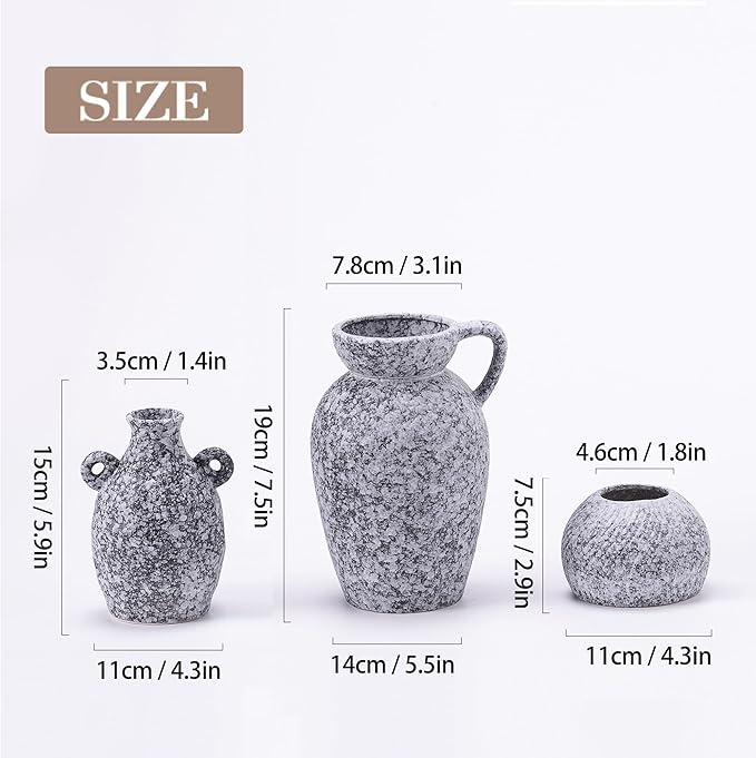 Stone Vase Home Table Decor, Black Ceramic Modern Rustic Farmhouse Vase Set of 3 Centerpiece for Shelf Bedroom Bathroom Desk