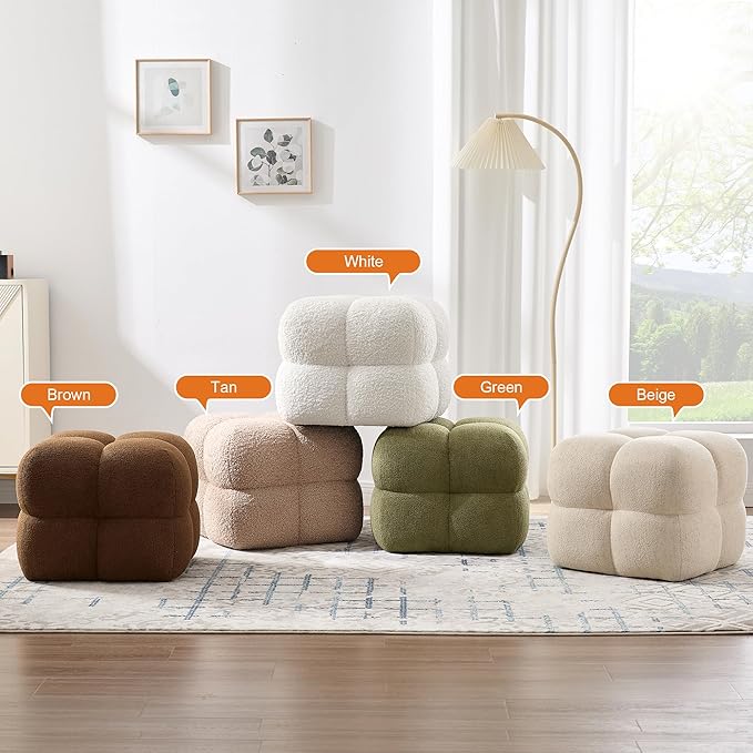 ONEVOG 21" Cream White Modern Ottoman, Square Fuzzy Couch Sherpa Pouf Ottoman, Tufted Fluffy Boucle Fabric Foot Stools, Upholsered Footrest & Coffee Table for Living Room Bedroom, Cute Pouf Home Decor