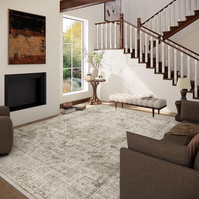 Washable Area Rugs for Living Room: 10x14 Bedroom Area Rugs Boho Vintage Rugs Stain Resistant Non Slip Low Pile Soft Lightweight Carpet for Kitchen Dining Room Farmhouse Nursery Kids Room Home Office