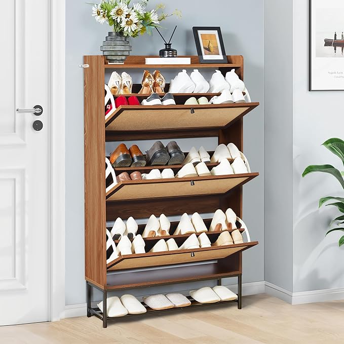 Shoe Cabinet Storage for Entryway, Narrow Shoe Cabinet with 3 Filp Drawers, Wood Freestanding Shoe Organizer Cabinet with Metal Legs, Hidden Storage Behind Door for Hallway, Living Room (Walnut)