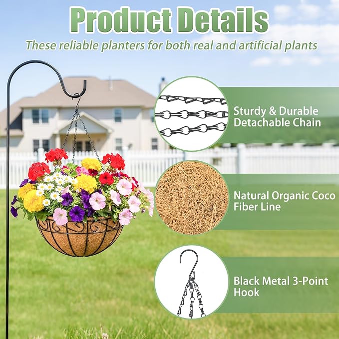 4 Pack 12 Inch Hanging Baskets for Plants Outdoor Metal Hanging Planters Round Hanging Flower Pots with Coco Coir Liner Plant Holder for Outdoor Patio Garden Balcony Decor - Flower Border