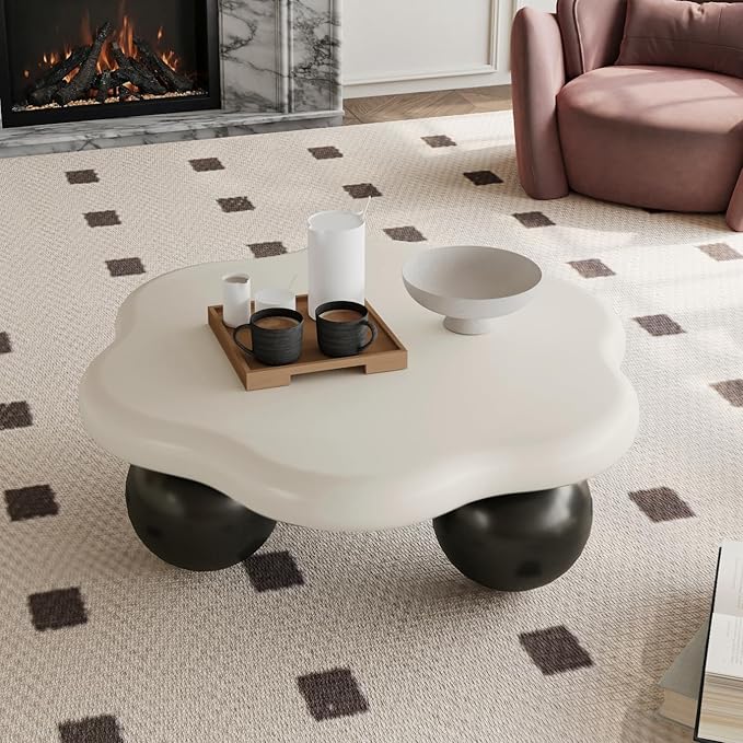 35.03" Cloud Coffee Table for Living Room Unique Coffee Table Modern Low Coffee Tables Cute Center Table with 3 Ball Legs for Small Space Apartment Cream Flower-White & Black