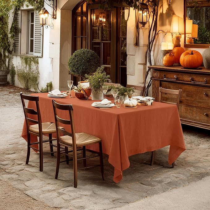 Linen World Fall Linen Tablecloth 90" x 60" Inch,French Linen Washable Rectangular Table Cloth for Dining,Outdoor,Weddings and Restaurants,Decorative Thanksgiving Christmas,Burnt Orange