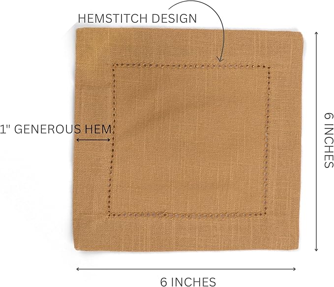 FINGERCRAFT Cocktail Napkins 6 x 6 Inch Premium Quality Cotton, Generous Hemstitch and Mitered Corner Set of 12 Coaster Cloth Beige Brown