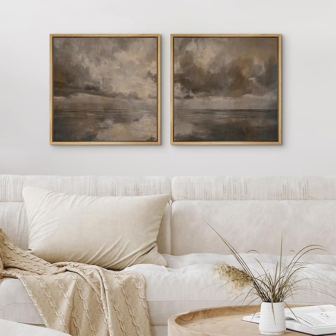 SIGNFORD Framed Canvas Print Wall Art Set Abstract Seascape Horizon Neutral Coastal Landscape Modern Art Relax/Calm for Living Room, Bedroom, Office - 16"x16"x2 NATURAL