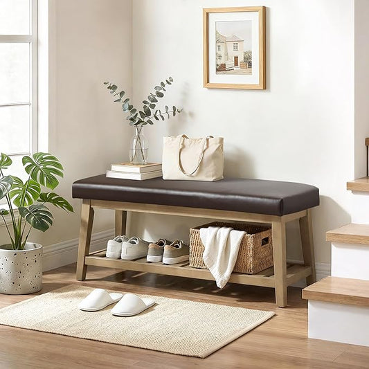 Entryway Bench with Cushion, Upholstered Shoe Rack Bench with Solid Wood Shelf, 44" End of Bed Bench for Bedroom, Chenille Fabric Storage Bench for Entryway, Hallway, Living Room (PU-Brown)