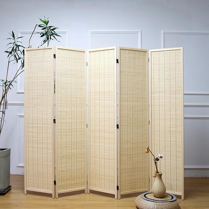 Furnnylane 5 Panel Bamboo Room Divider – 5.6 ft Tall Folding Privacy Screen, Natural Beige Freestanding Room Partition Wall for Home Office (67" x 76.75", 5-Panel)