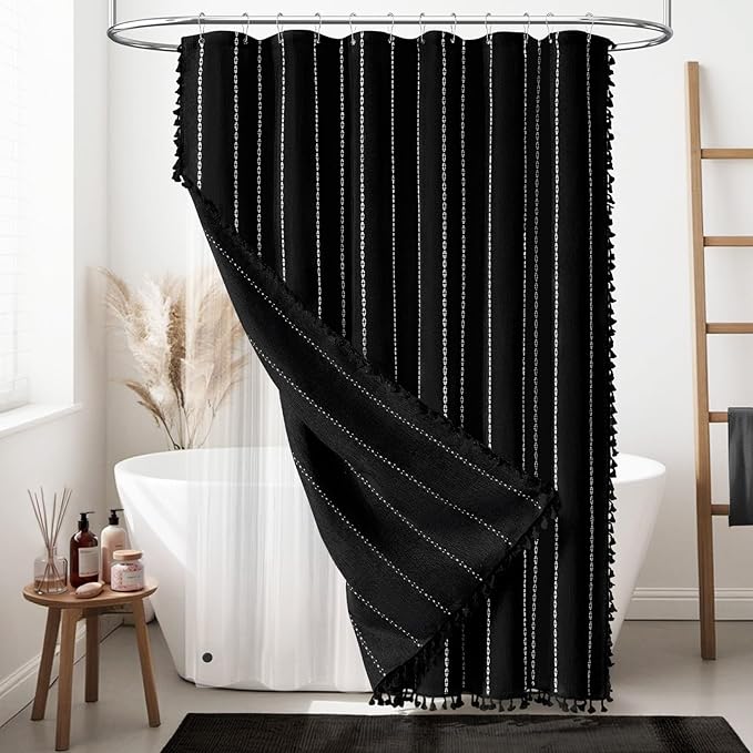 BTTN 3 in 1 Shower Curtain with Liner, 84 Extra Long Boho Linen Striped Cloth Shower Curtain Set with Hook, Tall Farmhouse Bohemian Waterproof Fabric Shower Curtain for Bathroom,Black and White, 72x84