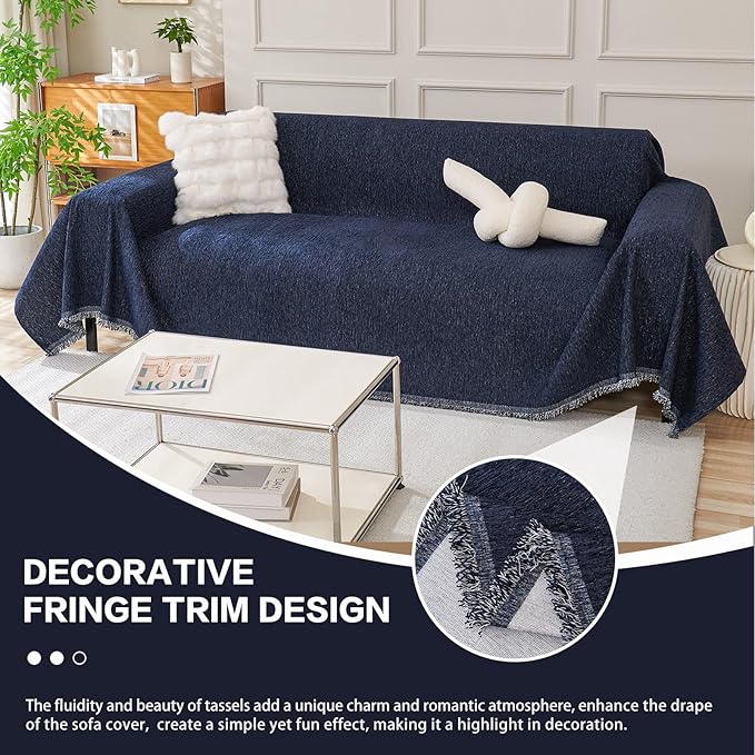 DREAMINGO Navy Blue Couch Cover Thick Chenille Couch Cover Blanket for 3 Cushion Washable Pet Furniture Protector Extra Large Sofa Slipcover 71x150 Inch for 3 Seater Sofa