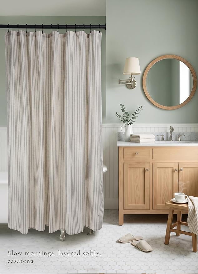 Farmhouse Striped Shower Curtain - 72x72 Inches, Linen Blend Fabric, Breathable & Machine Washable, Rustic Sage for Bathroom Decor (Hooks/Liner Not Included)