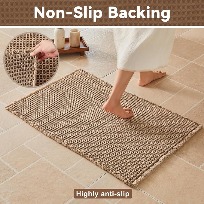 Triohero Waffle Bath Mat, Boho Bathroom Rugs Non Slip Washable, Ultra Soft Super Absorbent Quick Dry Farmhouse Bathroom Decor, 20" x 30", Beige