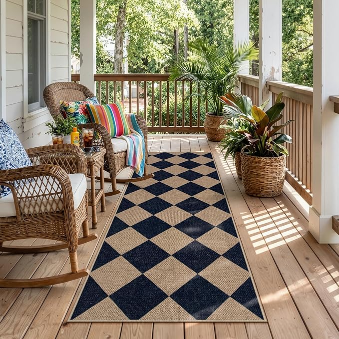 Lahome Colette Checkered Easy Jute Runner Rug, 2x6 Kitchen Mats for Floor Washable Entryway Runner, Checkerboard Black Indoor Outdoor Carpet for Hallway 6ft Entry Laundry