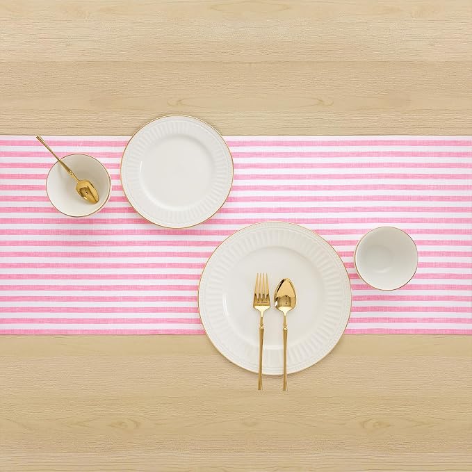 Solino Home Linen Table Runner 48 Inches - Amalfi Stripe 100% Pure Linen Pink and White Table Runner 14 x 48 Inch Ideal for Dresser and Coffee Tables, Summer