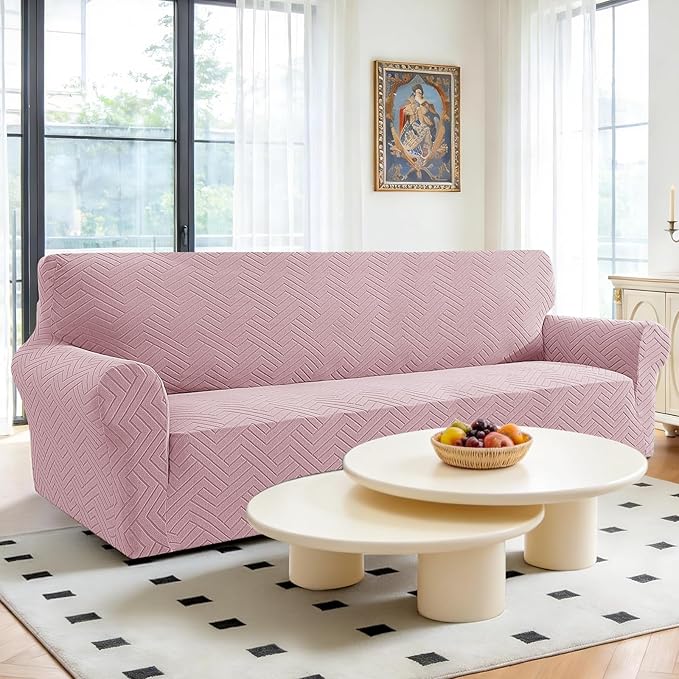 Stretch Sofa Slipcover 3 Cushion Couch X-Large Sofa Cover,91"-110" Non Slip Soft Couch Sofa Cover Washable Furniture Protector with Non Skid Foam and Elastic Bottom for Kids, Pets,Pink