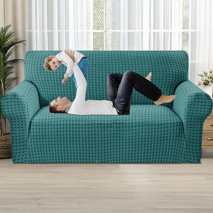 MAXIJIN Stretch Loveseat Couch Cover for 2 Cushion Couch (55"-69" Washable Sofa Slipcovers with Non-Slip Foam & Elastic Strap, Dog Cat Pet Friendly Furniture Protector (Medium, Peacock Blue)
