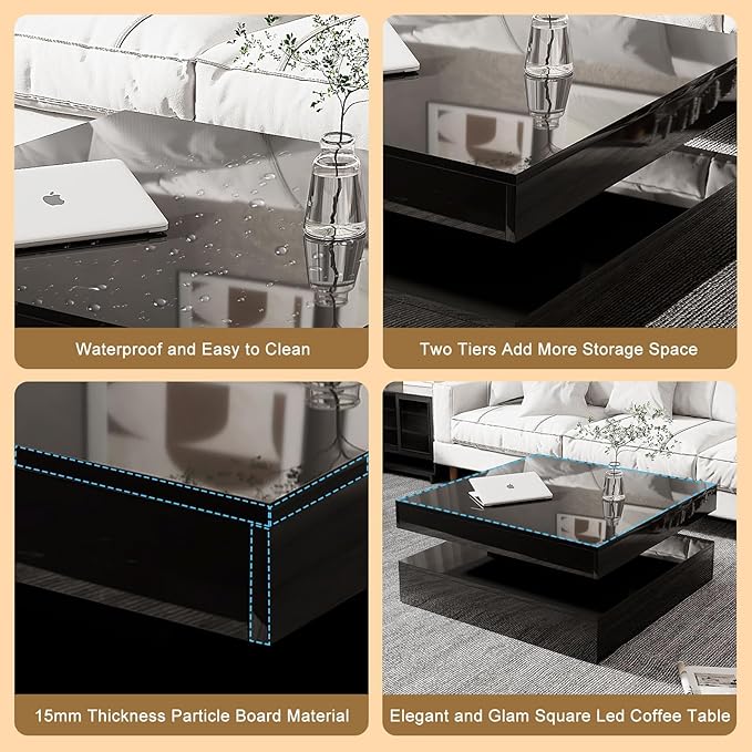 HedoAjim Black LED Coffee Table for Living Room, Living Room Table 2-Tier Square Center Tables, Wood Coffee Tables with Storage, Tea Table for Dining Reception Room