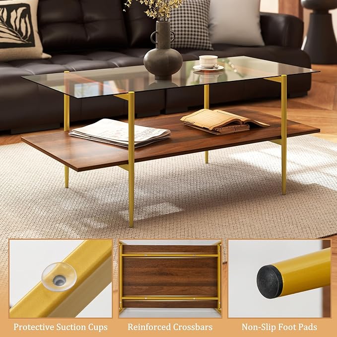 Giantex Glass Coffee Table, Mid Century Modern Center Table with Amber Tampered Glass Tabletop, Walnut Storage Shelf & Golden Legs, 2-Tier Rectangle Coffee Tables for Living Room, Brown