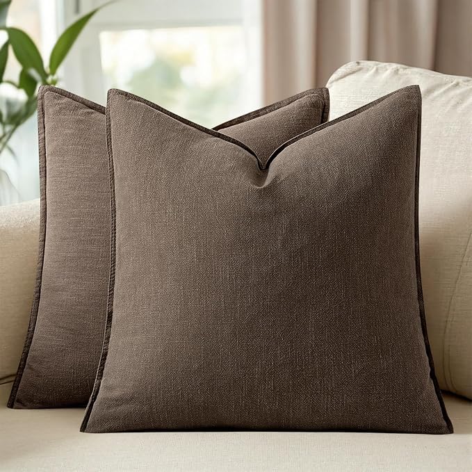 18x18 Inch Set of 2 Decorative Linen Solid Throw Pillow Covers Boho Accent Farmhouse Couch Pillowcases Modern Netural Home Decor for Couch Sofa Living Room Bed,Dark Coffee