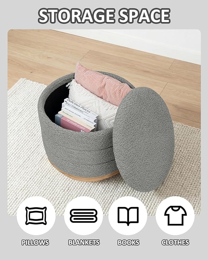 PINPLUS Chenille Folding Ottoman Footstool, Round Storage Ottoman, Soft Fabric, 330 lbs Load Capacity, Large Ottoman for Living Room, Bedroom, Dorm, Grey Colors