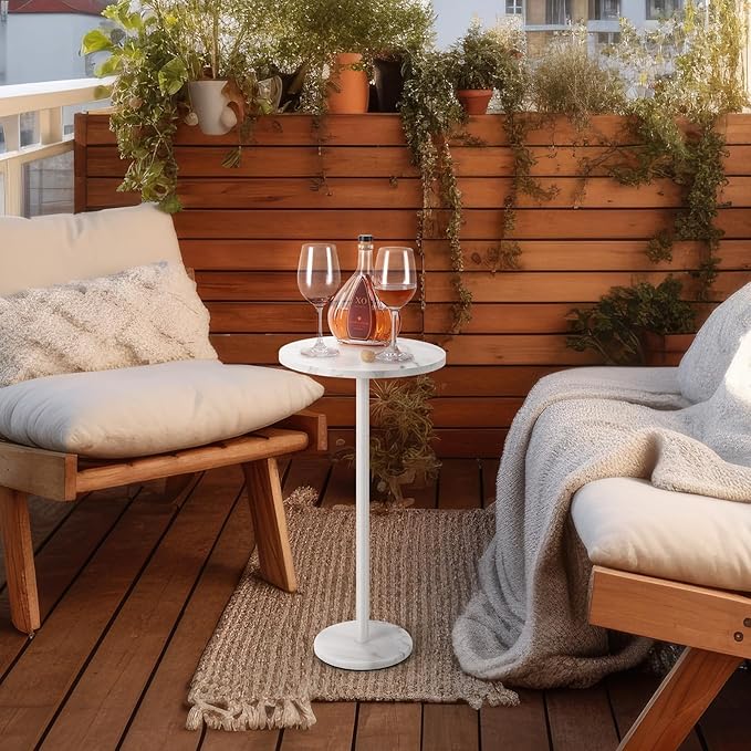 smusei Round End Table with Marble Base Drink Tables for Small Spaces Pedestal Table Small Round Side Table for Sofa Couch Chair Patio, White