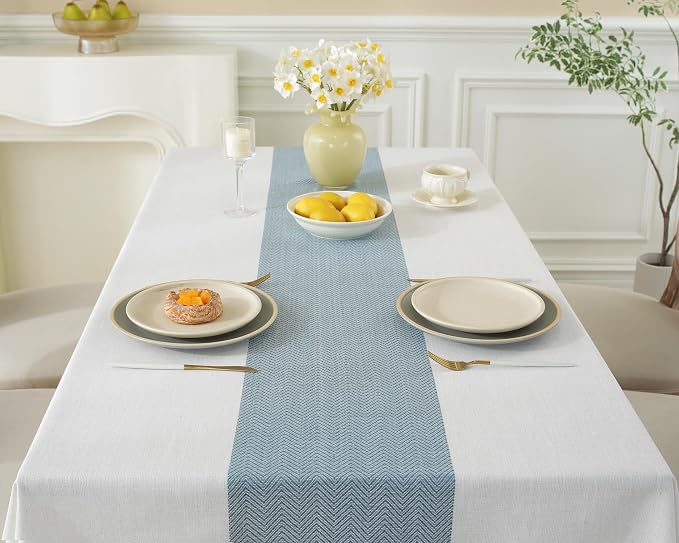 Alsoo Blue Tablecloth Rectangle 55 x 106 Inch, Waterproof Fade Resistant Table Cloth Cotton Linen Fabric for Outdoor Beach Coastal Dining Picnic Summer
