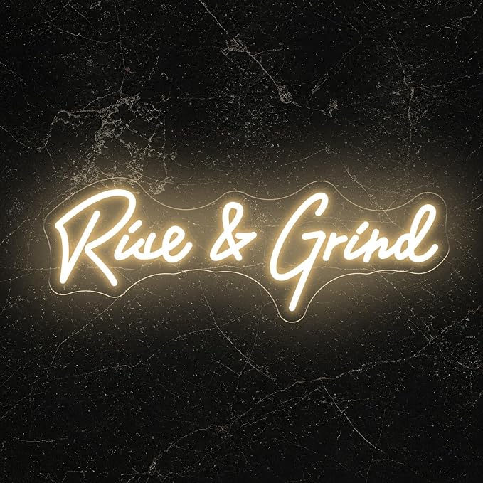 Rise and Grind Neon Sign, Motivational LED Neon Sign for Wall Decor, Dimmable USB Light Up Sign for Bedroom Office Gym Sports Room Man Cave, Pirational Neon Wall Art Gift for Men Coworkers, 17.7x6.3"